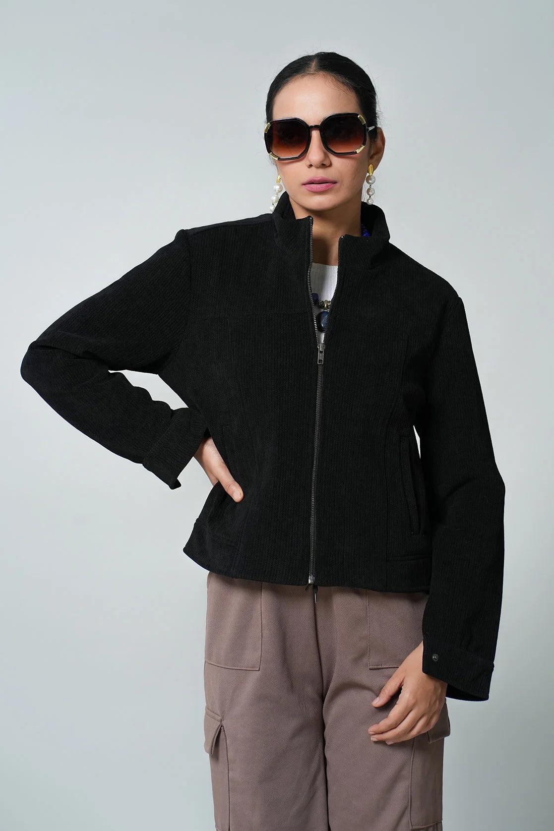 Purchase the stylish Women's Black Corduroy Jacket with Stand Collar from Fort Collins. This versatile piece can be easily ordered online and shipped to any location in India.