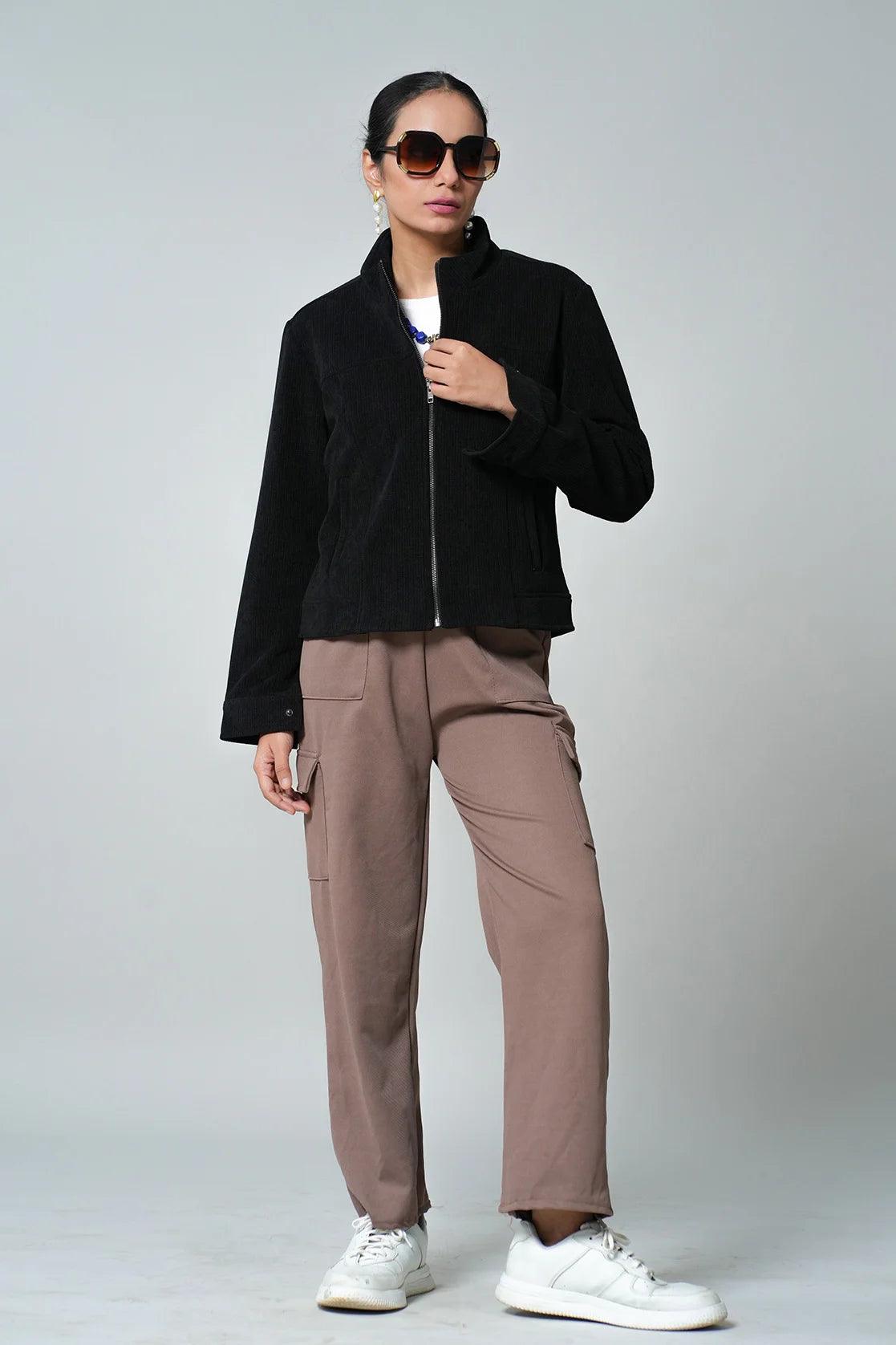 Upgrade your wardrobe with the Fort Collins Women's Black Corduroy Jacket, featuring a stand collar. Shop online now from anywhere in India for a fashionable addition to your collection.