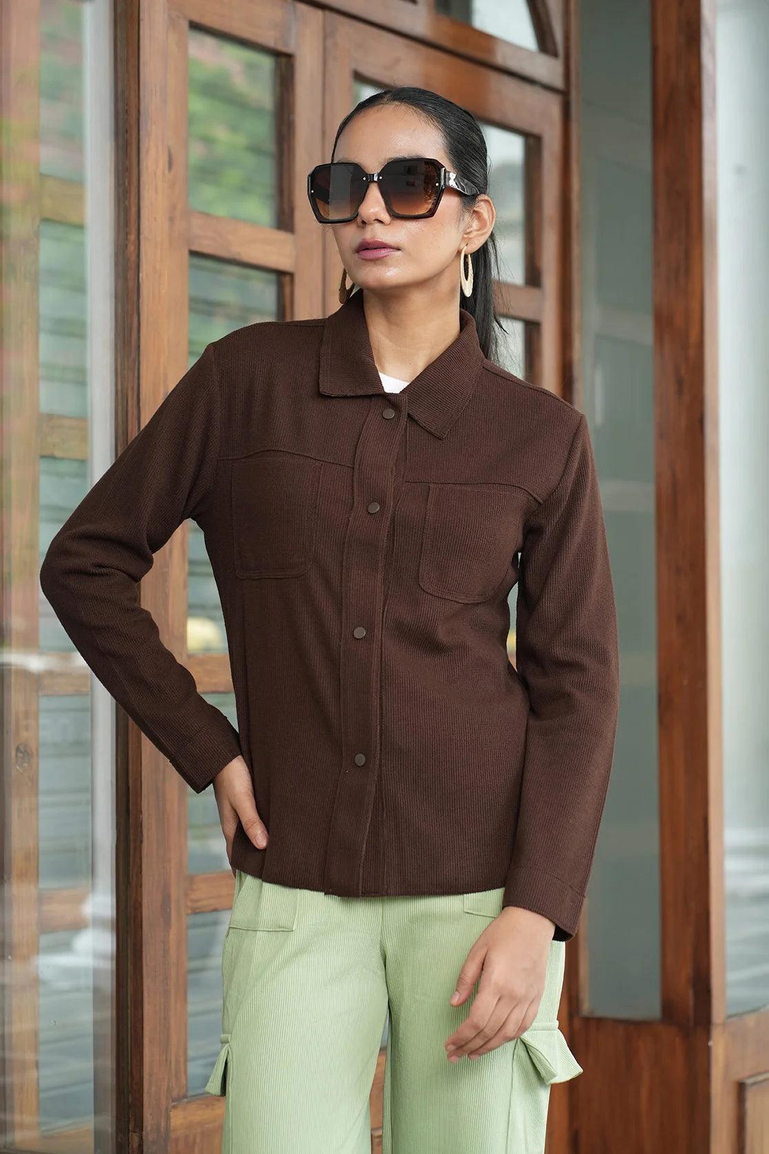 Discover the Women's Brown Corduroy Shacket from Fort Collins, featuring Dual Chest Pockets. This versatile shacket is now available for online purchase in India.