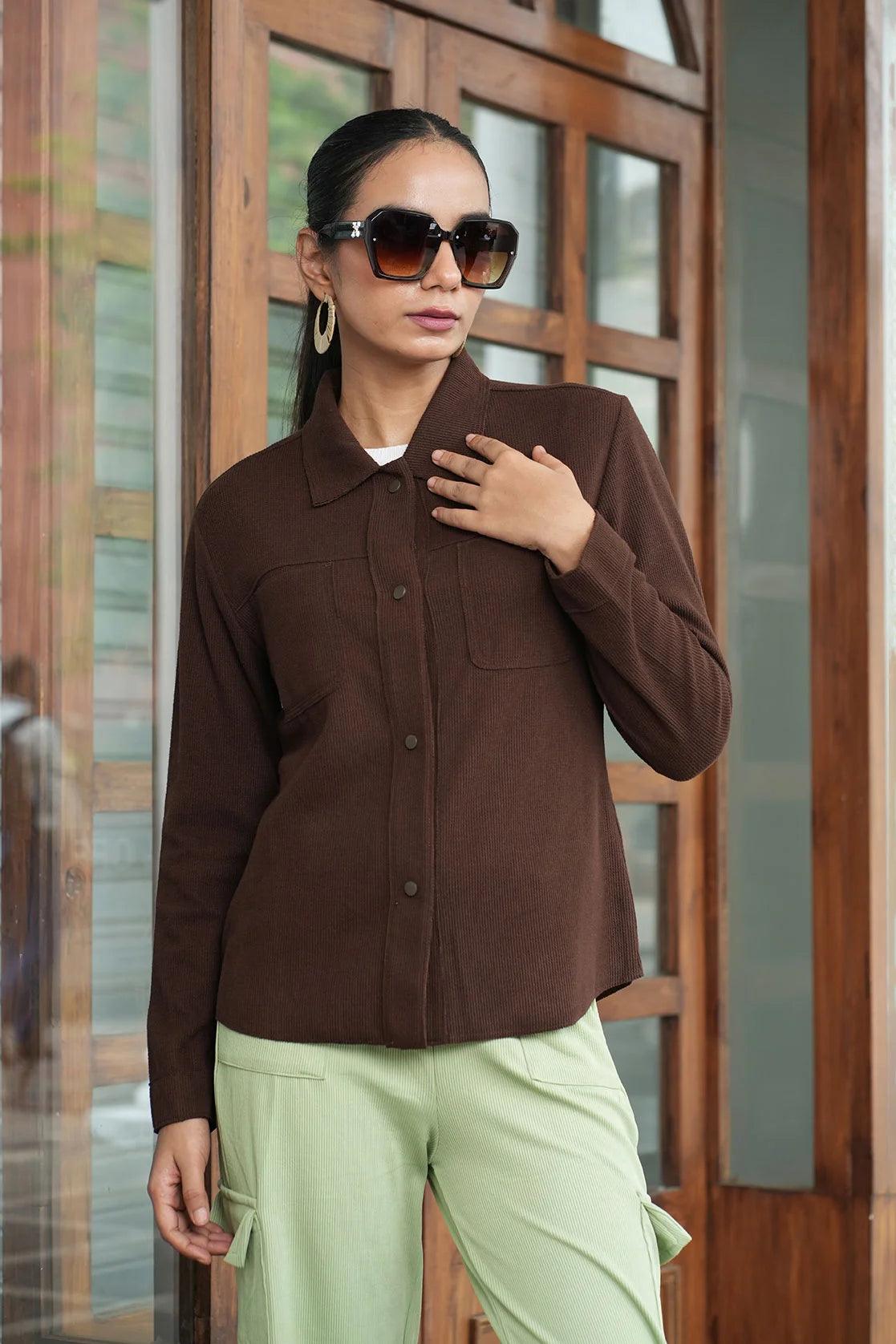 Discover the versatility of the Fort Collins Women's Brown Corduroy Shacket with Dual Chest Pockets, now available for online purchase in India. This stylish shacket is a must-have for any wardrobe.