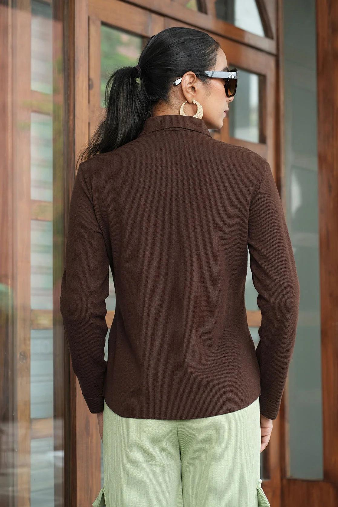 Discover the Women's Brown Corduroy Shacket with Dual Chest Pockets from Fort Collins, now available for online purchase in India.