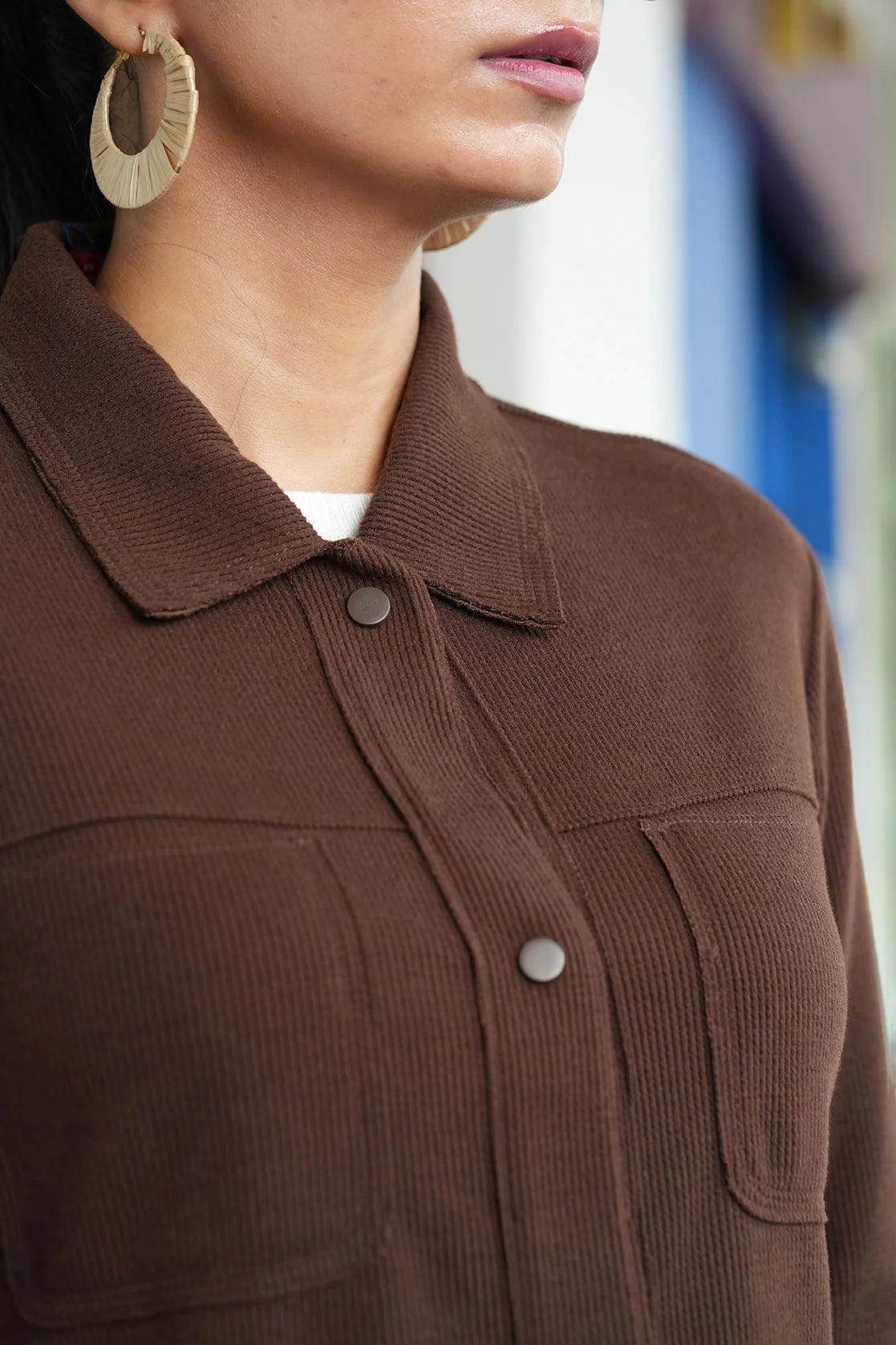 Discover the Fort Collins Women's Brown Corduroy Shacket, featuring Dual Chest Pockets. Explore this must-have piece available for online purchase in India.