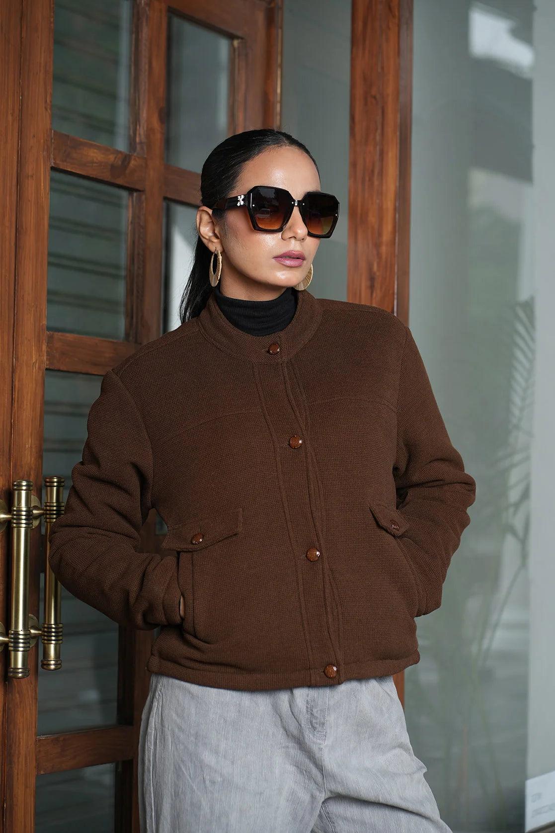 Discover the Women's Brown Short Length Knitted Jacket with Button Closure from Fort Collins, now available for purchase online in India.