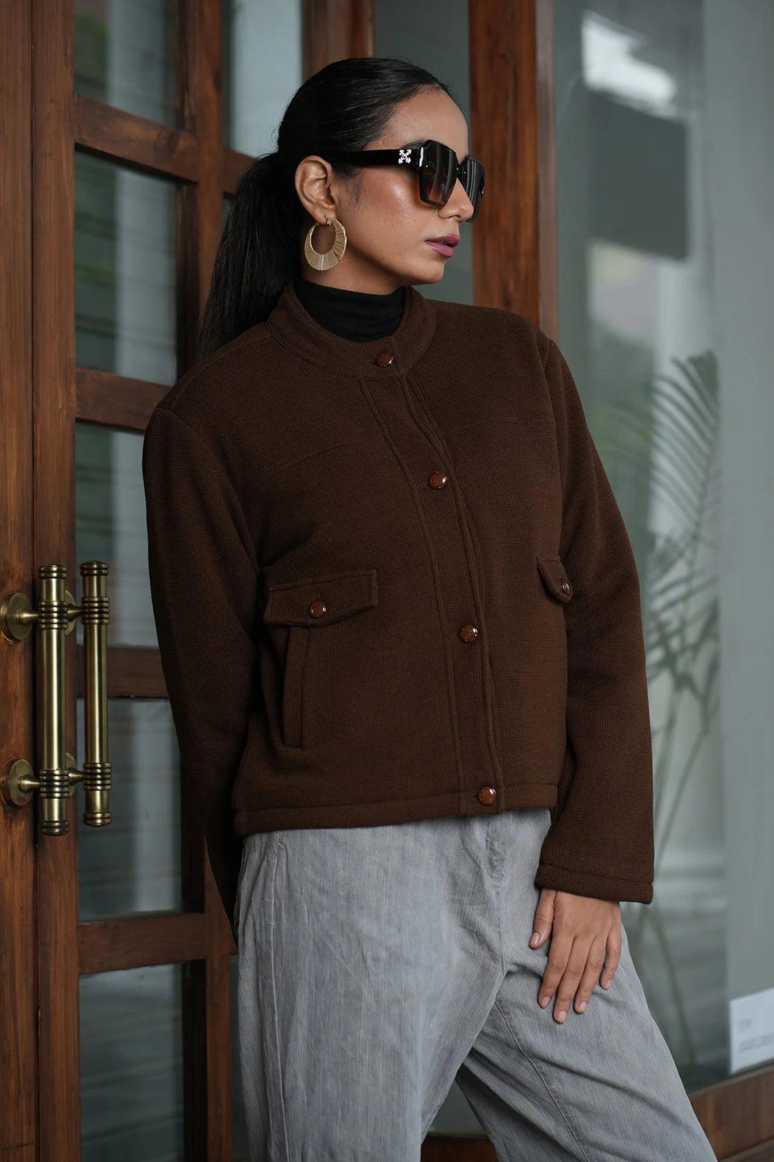 The Brown Short Length Knitted Jacket with Button Closure by Fort Collins is a must-have for women. Buy it conveniently online in India.