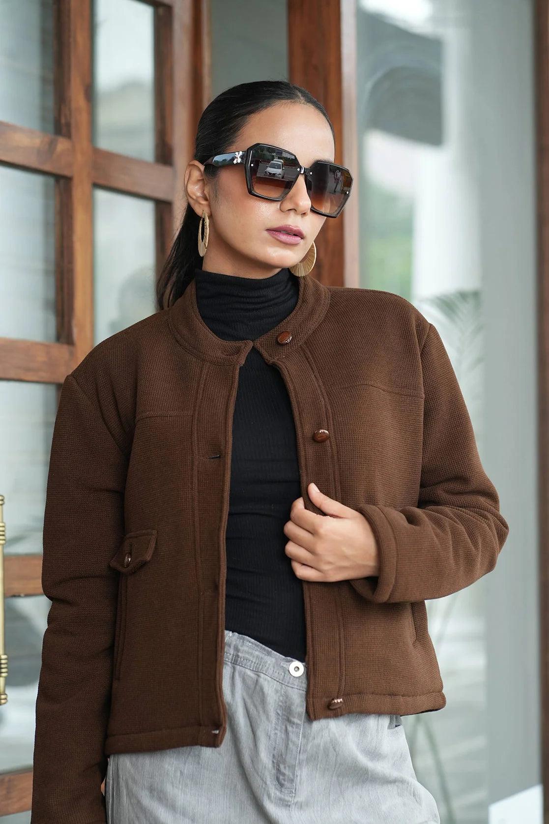 Purchase the Women's Brown Short Length Knitted Jacket with Button Closure from Fort Collins online in India.