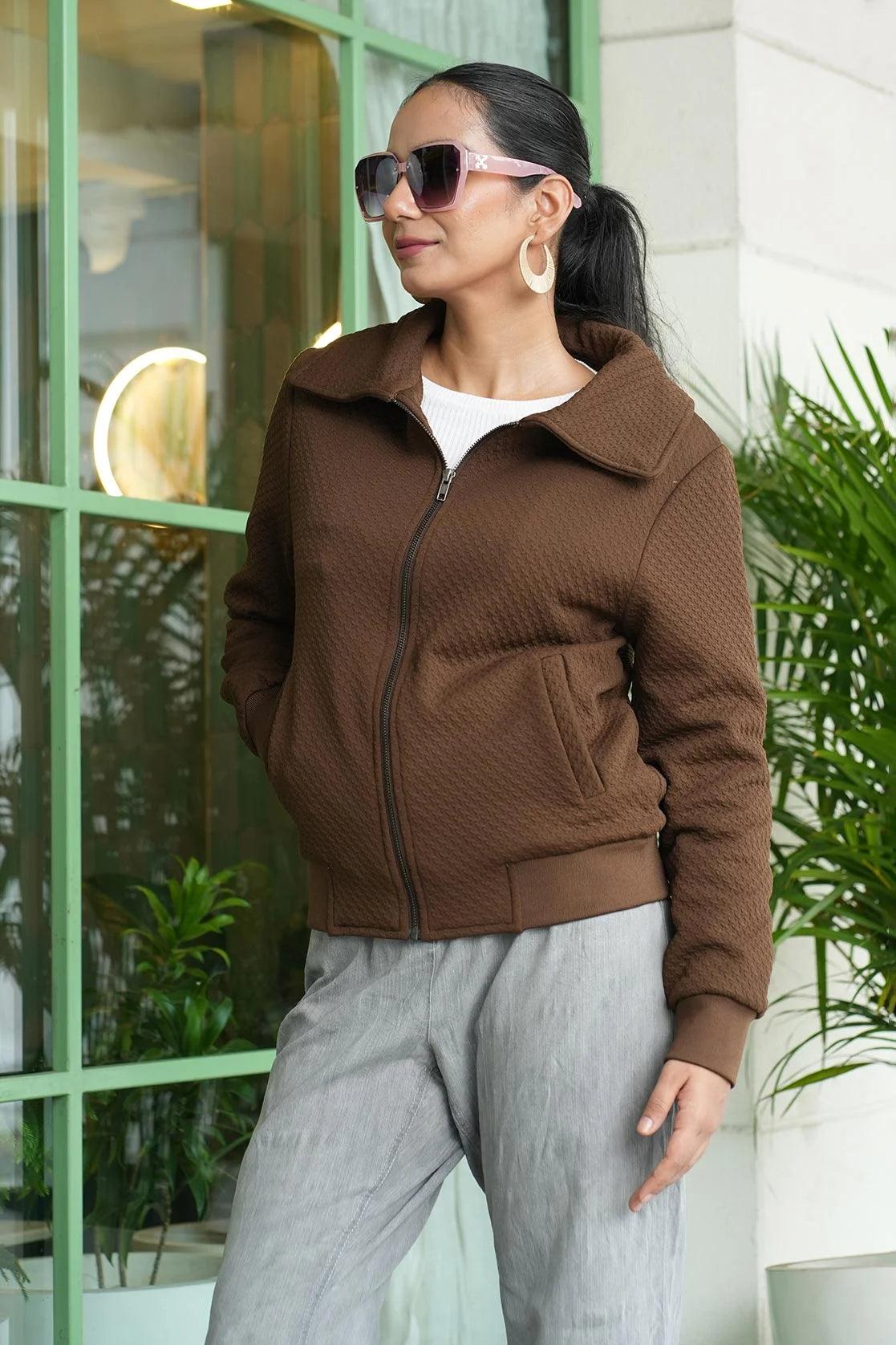 Women s Brown Structured Fabric Jacket with Quilted Lining