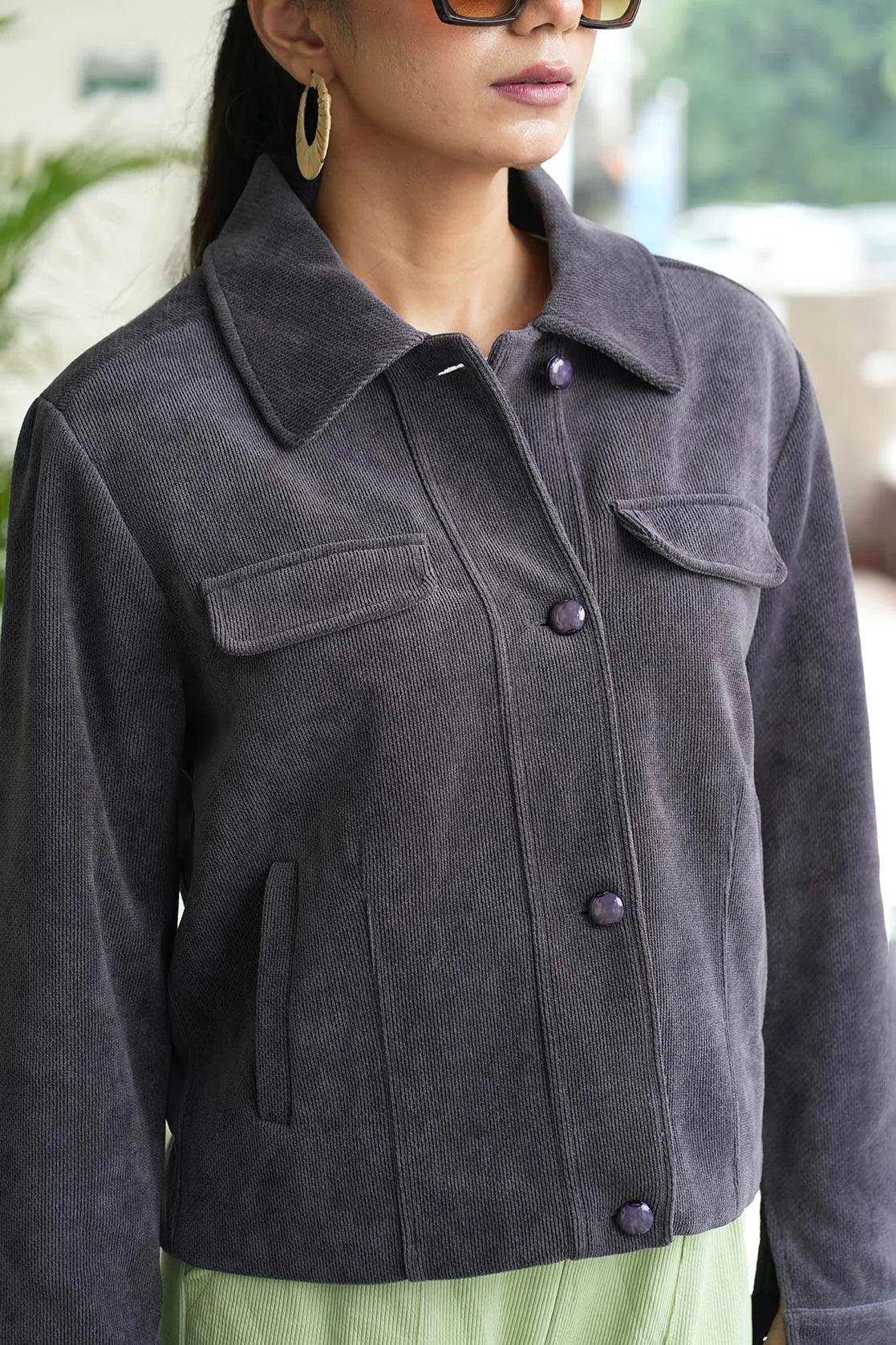 Discover the Women's Grey Knitted Jacket with Button-down Front Closure, designed by Fort Collins Brand. Available for online purchase in India.