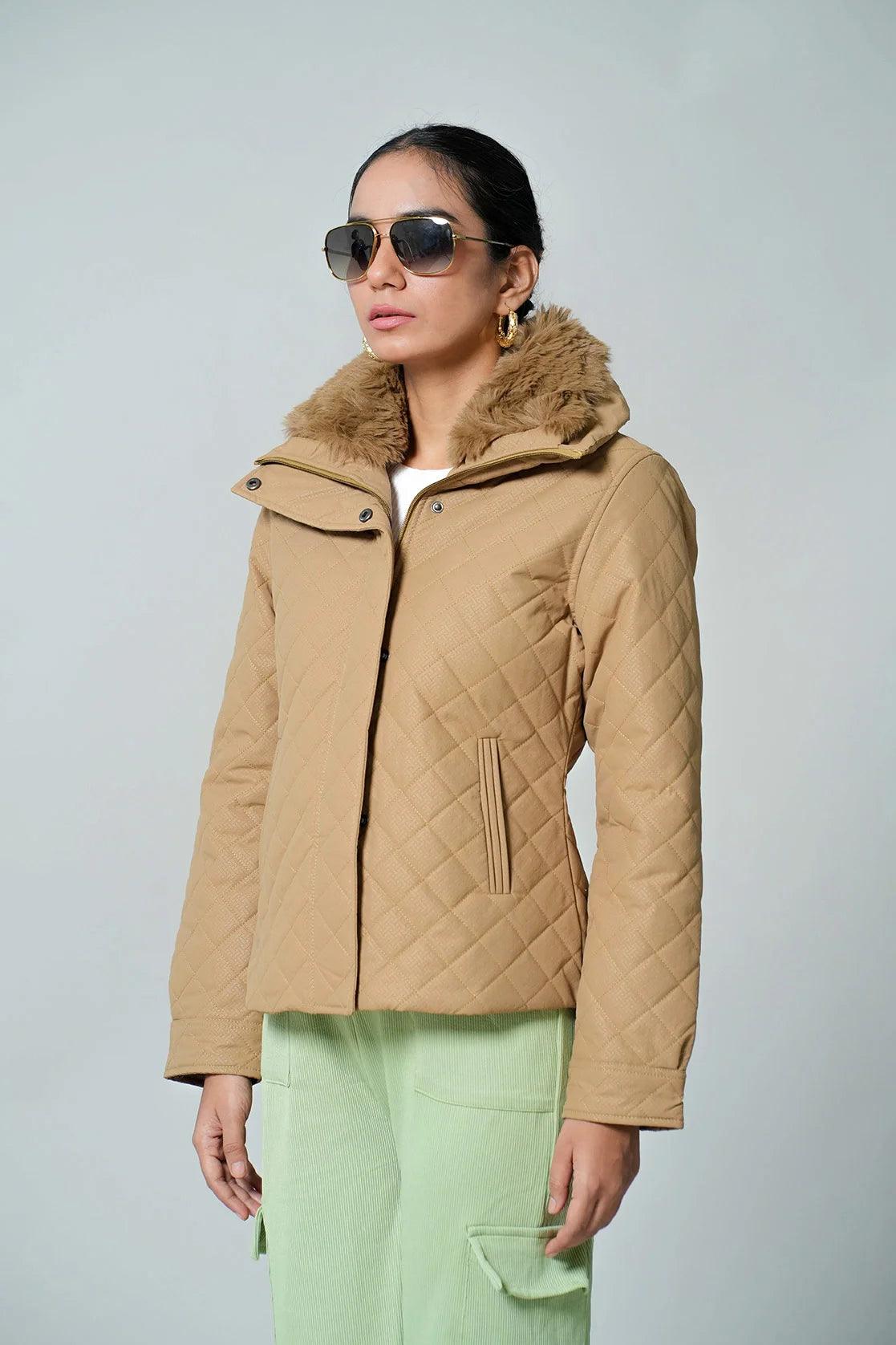 Upgrade your wardrobe with the Fort Collins Women's Beige Quilted Jacket, featuring a fur-lined mock collar. Shop online now for this stylish piece from anywhere in India.