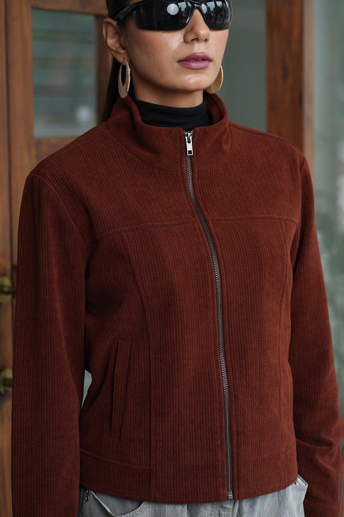 Upgrade your wardrobe with the Fort Collins Women's Brown Corduroy Jacket featuring a stylish stand collar. Shop online now from anywhere in India for this trendy addition to your closet.