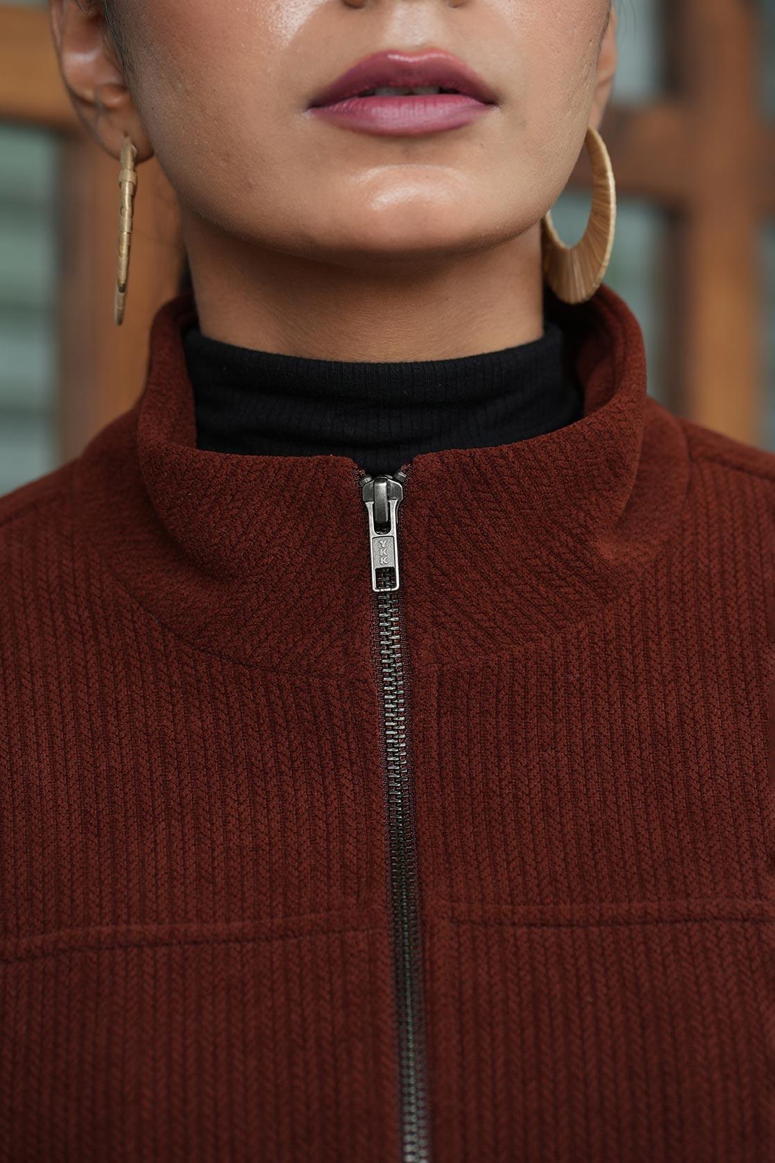 Order the Fort Collins Women's Brown Corduroy Jacket with Stand Collar for a stylish wardrobe update, available for online purchase in India.