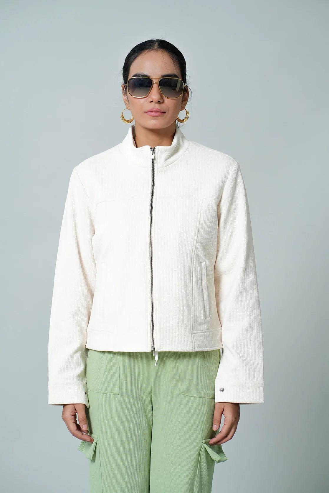 Discover a stylish wardrobe upgrade with the Fort Collins Women's Off White Corduroy Jacket featuring a stand collar. Available for online purchase from anywhere in India.