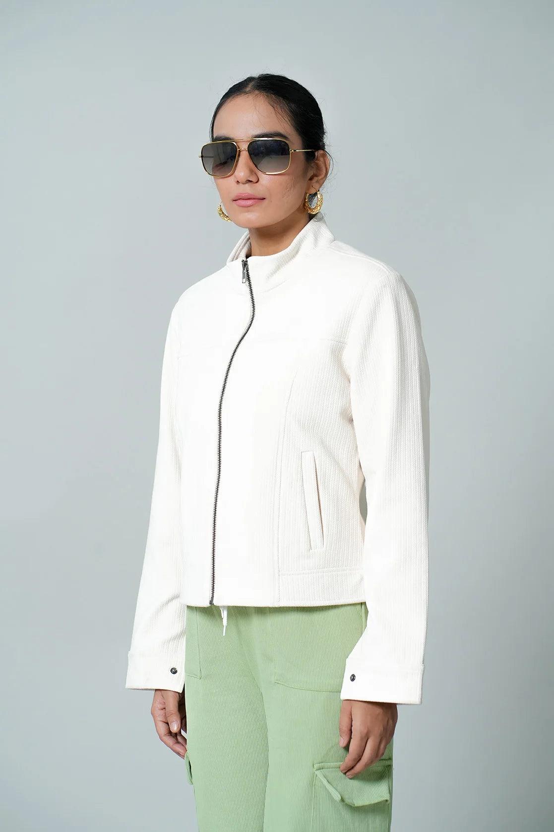 Upgrade your wardrobe with the Fort Collins Women's Off White Corduroy Jacket, featuring a stand collar. Now available for purchase online in India.