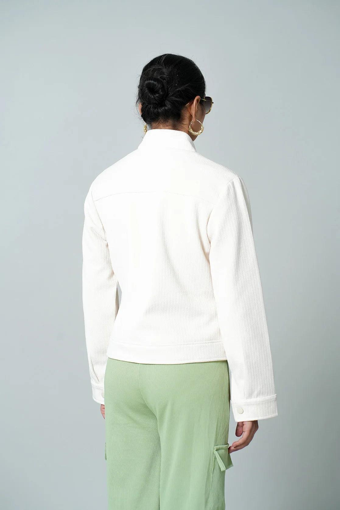 Discover the stylish Fort Collins Women's Off White Corduroy Jacket with Stand Collar, perfect for a fashionable wardrobe upgrade. Available for purchase online from anywhere in India.