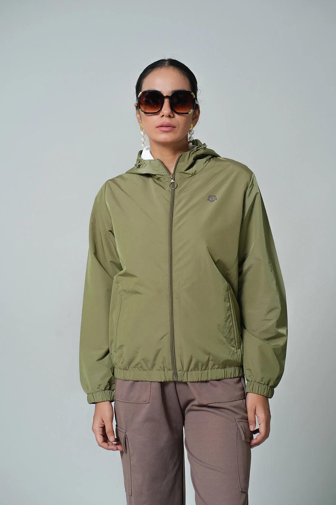 Presenting the Women's Olive Windbreaker Jacket with Mesh-Net Lining by Fort Collins. This premium windbreaker can be purchased online in India.