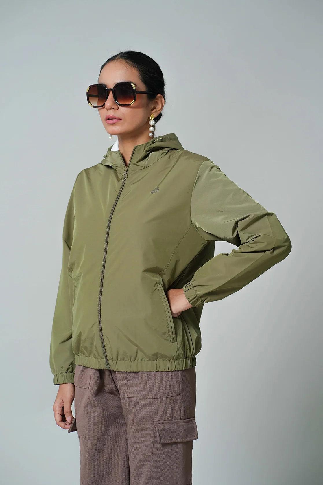 This windbreaker, available for online purchase in India, features a mesh-net lining and comes in an olive color.