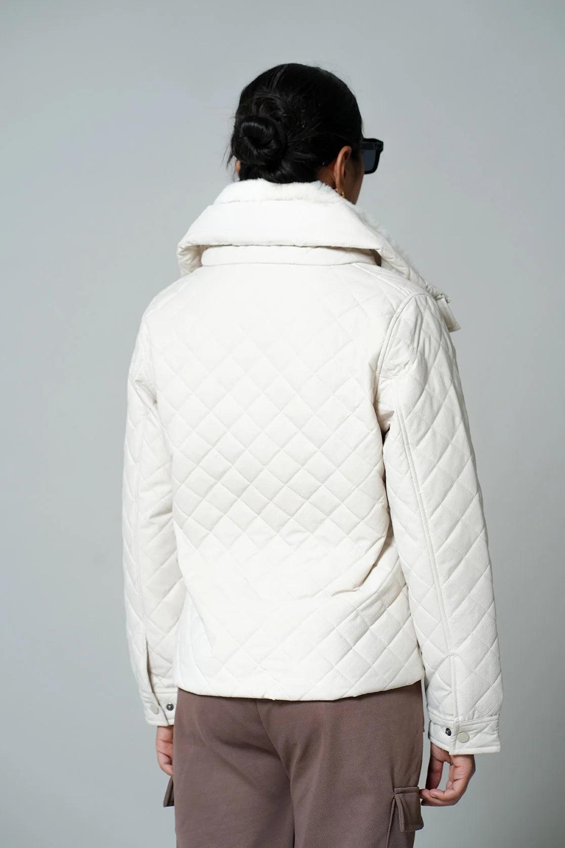 Introducing the Women's White Quilted Jacket with a Fur-Lined Mock Collar from Fort Collins. Purchase this jacket online now in India.