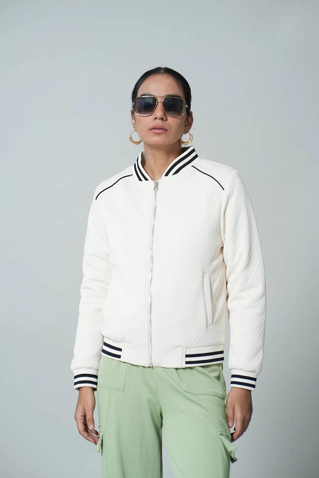 Upgrade your wardrobe with the Fort Collins Women's White Quilted Pattern Varsity Collar Jacket. Purchase online for a fashionable addition to your look from anywhere in India.