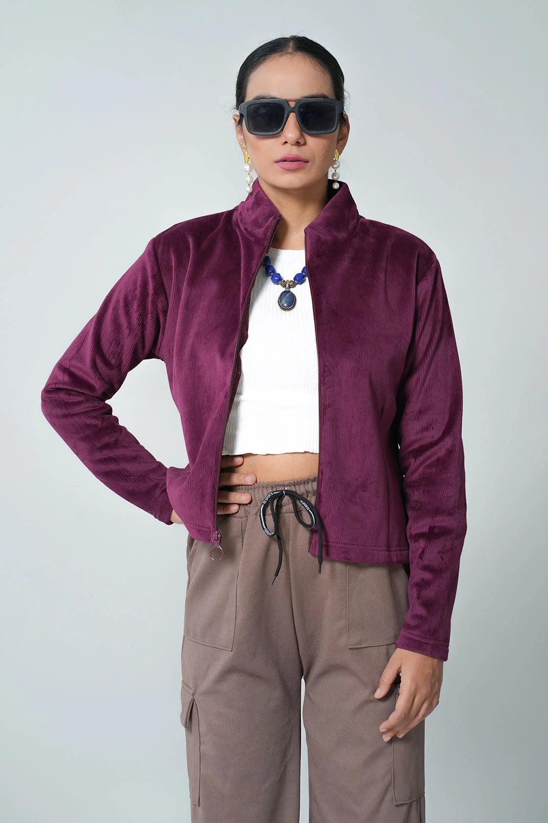 Upgrade your wardrobe with a trendy Fort Collins Women's Wine Corduroy Jacket featuring a stand collar. Shop online from anywhere in India.