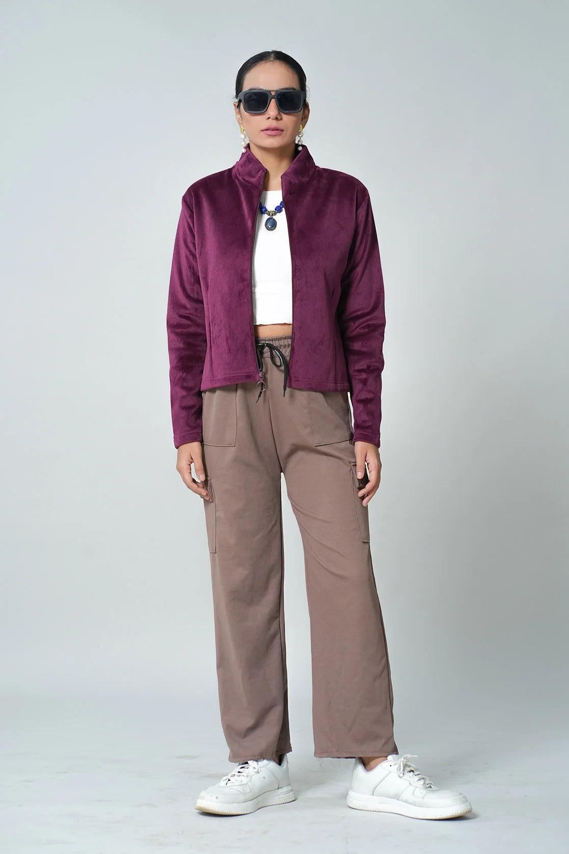 Upgrade your wardrobe in India with the stylish Fort Collins Women's Wine Corduroy Jacket. Shop online now for this trendy jacket with a stand collar.