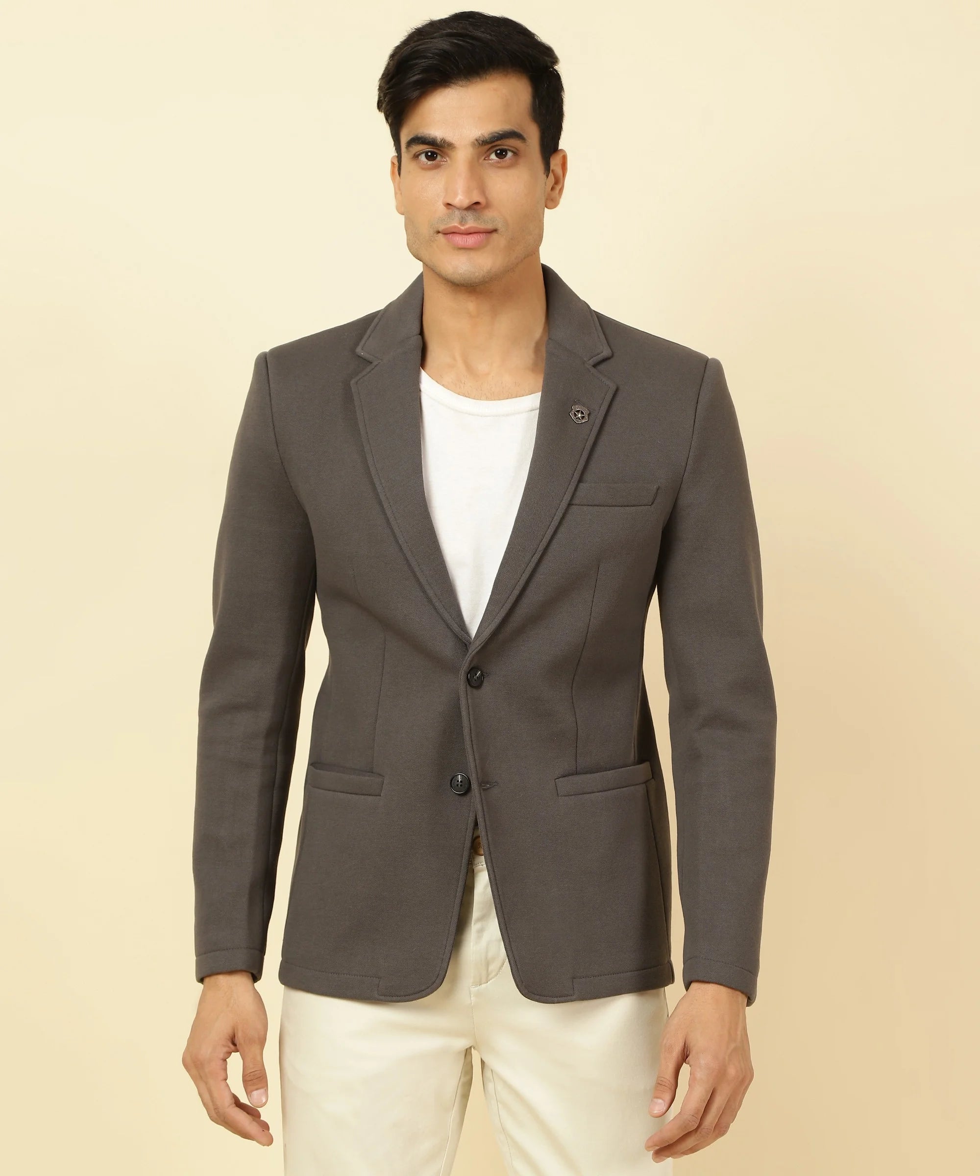 Shop now for a trendy wardrobe with this Men's Grey Knitted Blazer featuring a Notched Lapel, exclusively from Fort Collins. Available online for delivery nationwide.