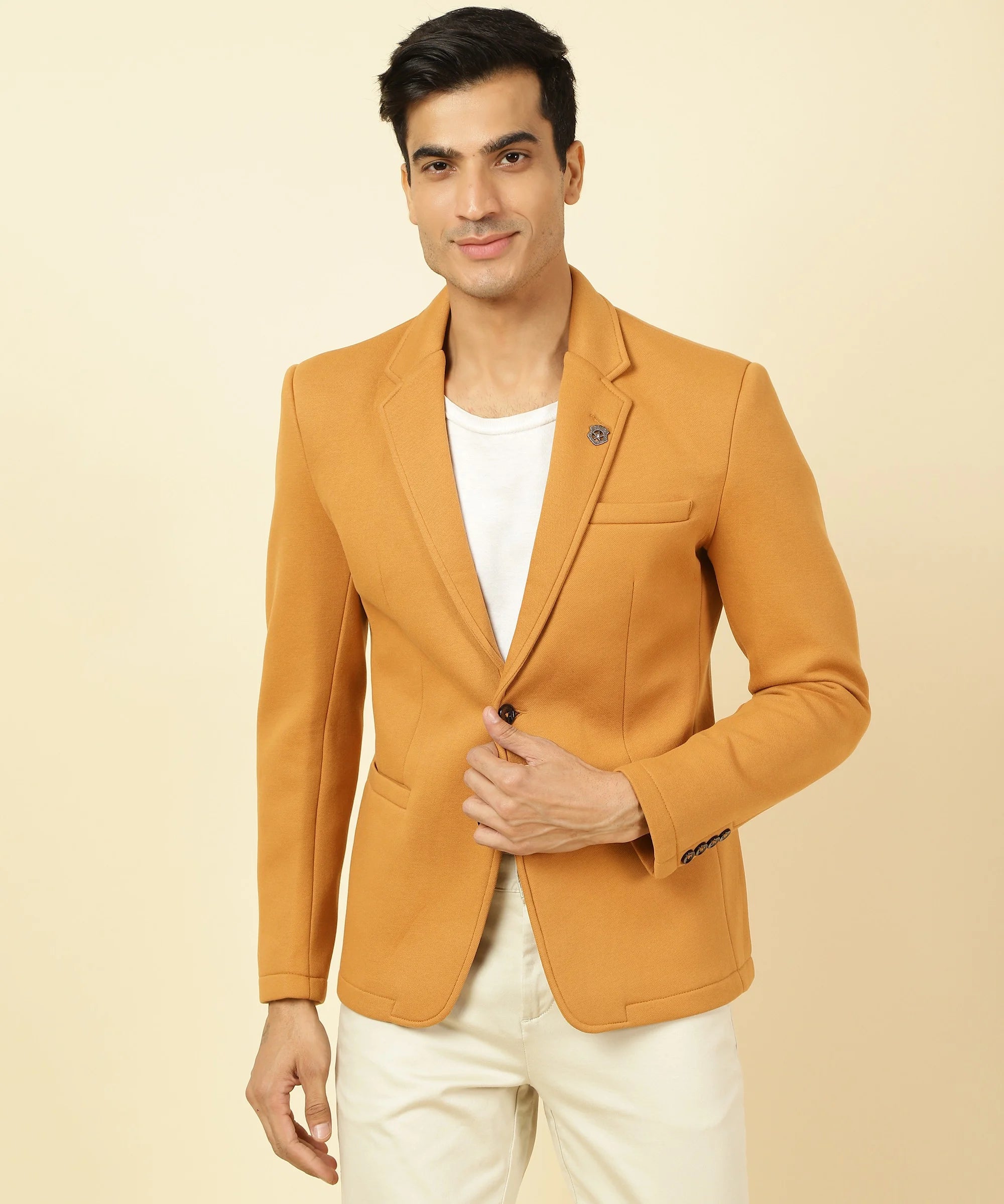 Shop now online for a stylish wardrobe from anywhere in India with the Men's Mustard Knitted Blazer with Notched Lapel by Fort Collins.