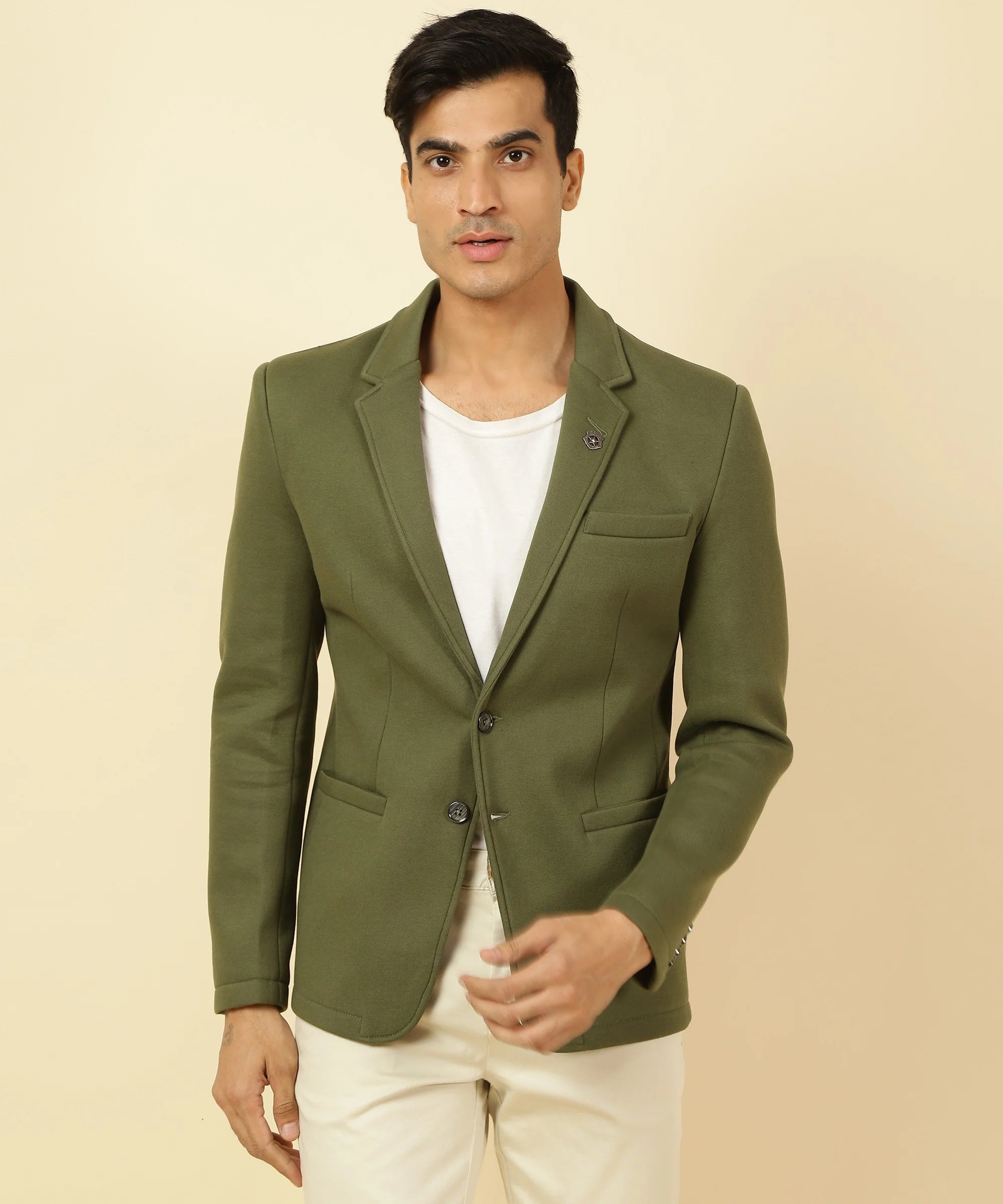 Shop for the stylish Men's Olive Green Knitted Blazer with Notched Lapel by Fort Collins online, available for purchase from anywhere in India. Enhance your wardrobe with this trendy piece.