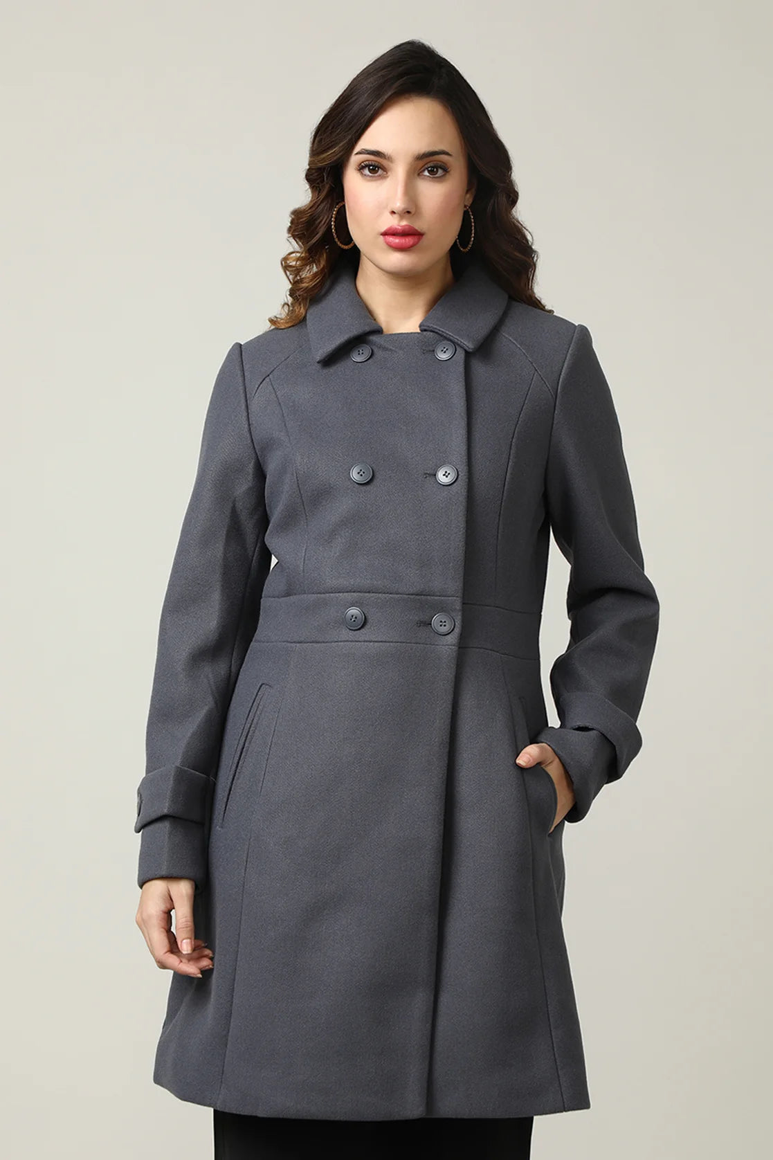 Women's Grey Tweed Double-Breasted Trench Coat