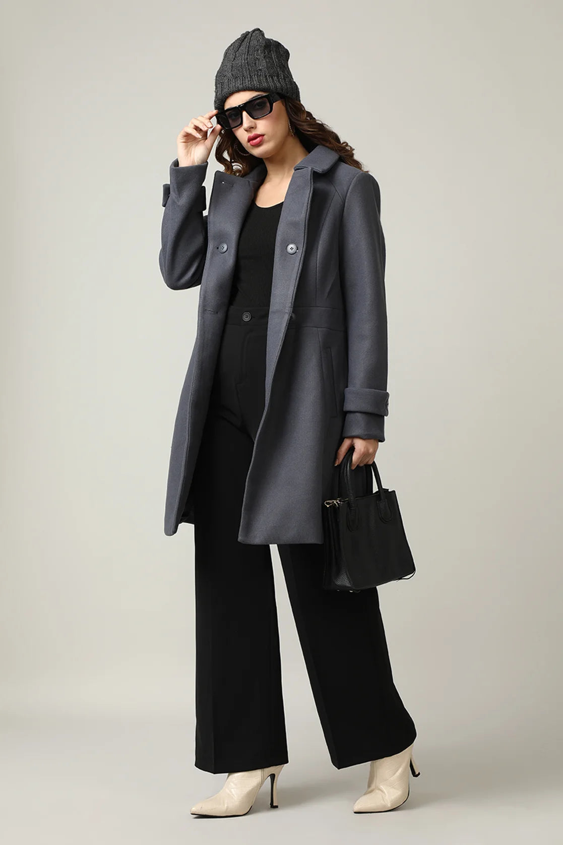 Women's Grey Tweed Double-Breasted Trench Coat