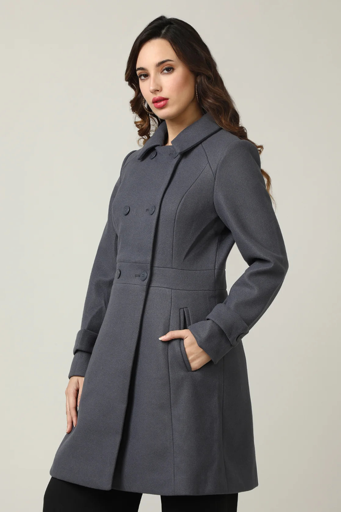 Women's Grey Tweed Double-Breasted Trench Coat