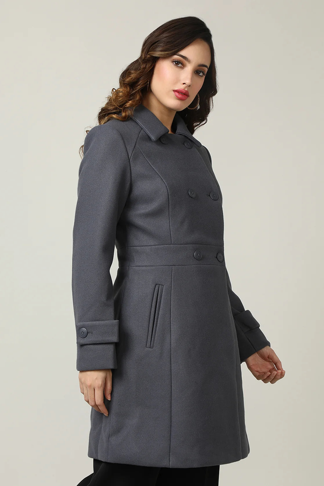 Women's Grey Tweed Double-Breasted Trench Coat