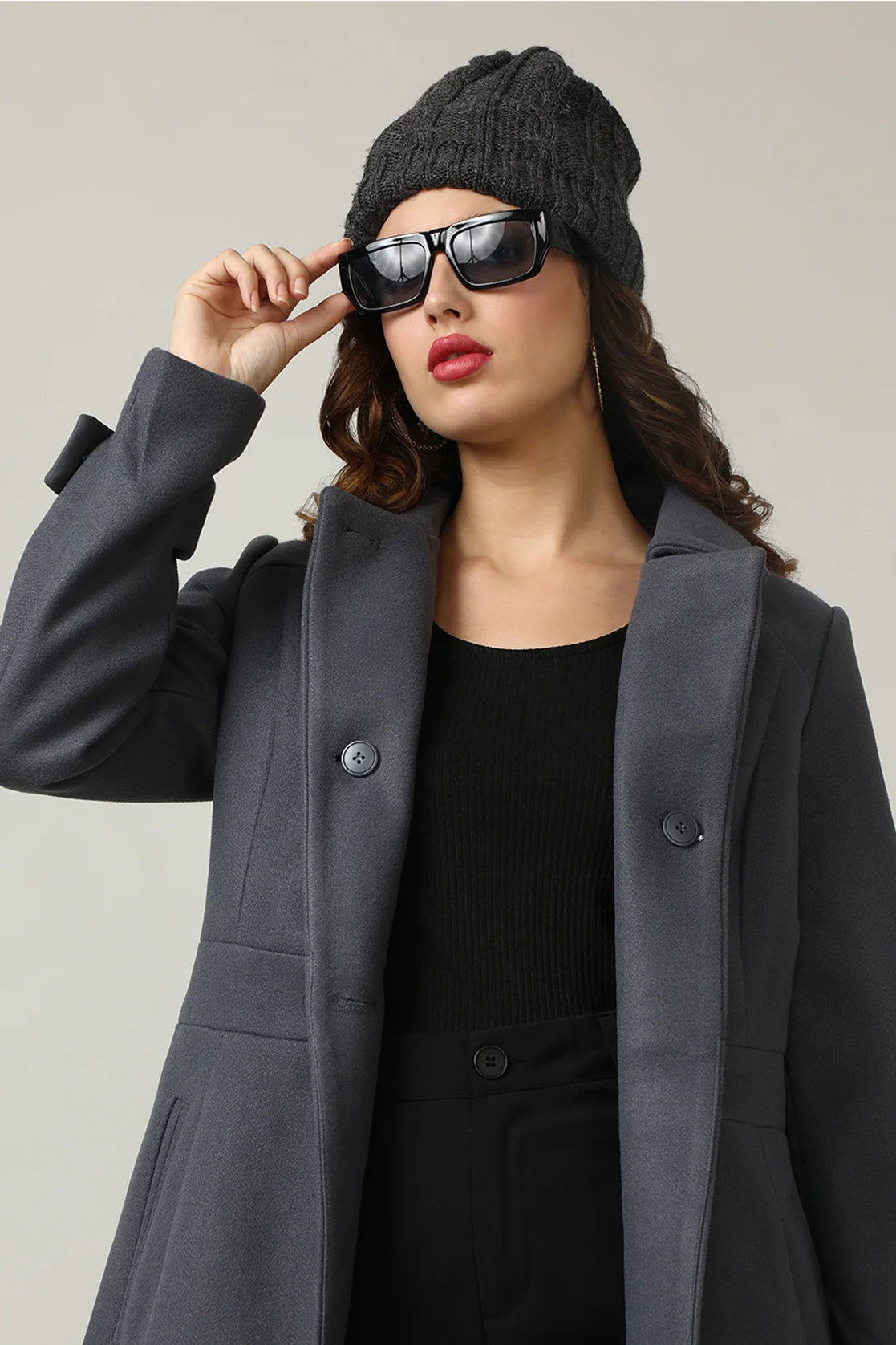 Women's Grey Tweed Double-Breasted Trench Coat