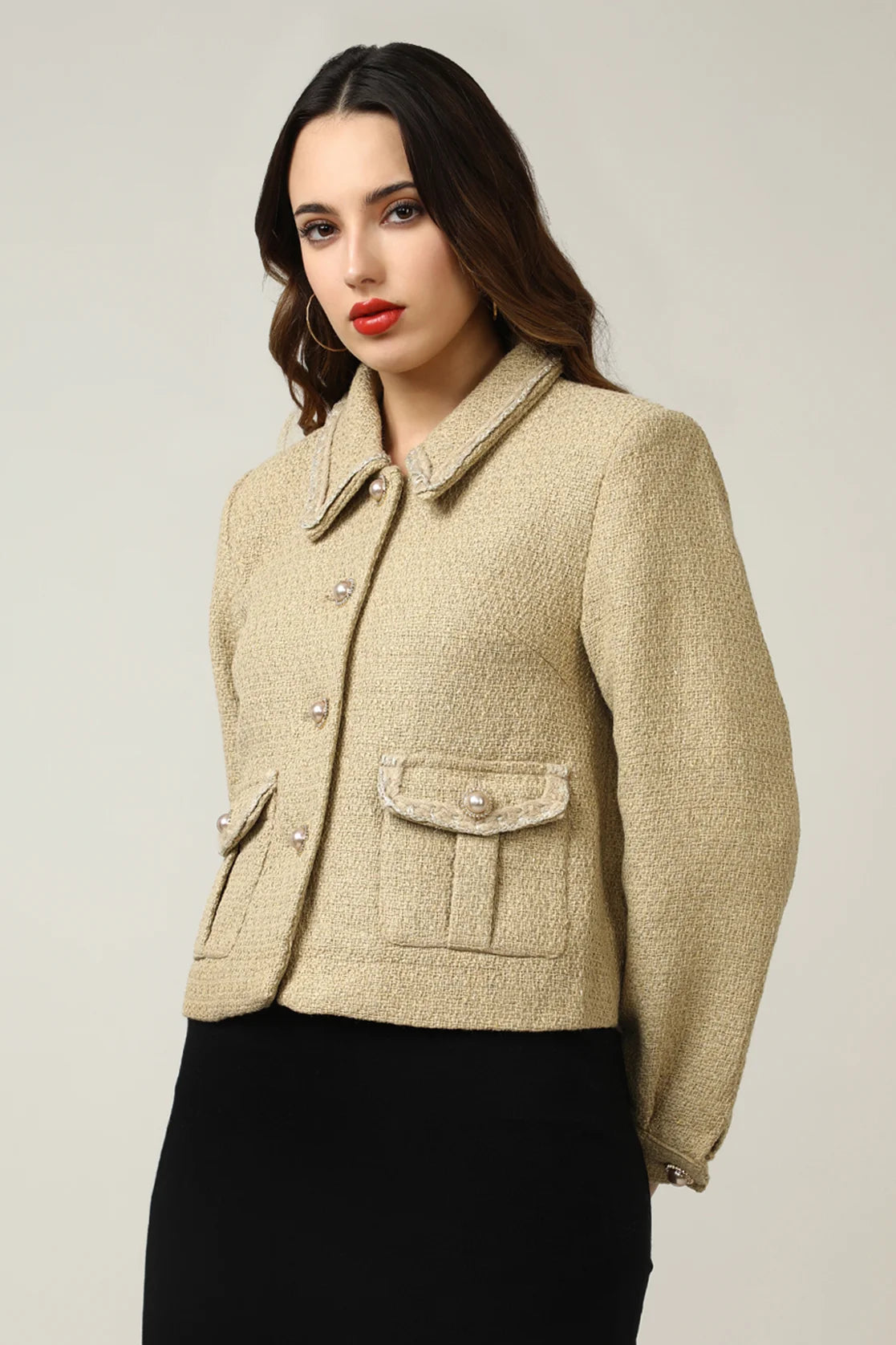 Shop for a stylish wardrobe with this Women's Khaki Metallic Yarn Short Coat with Polyester Lining by Fort Collins. Available for online purchase and delivery anywhere in India.