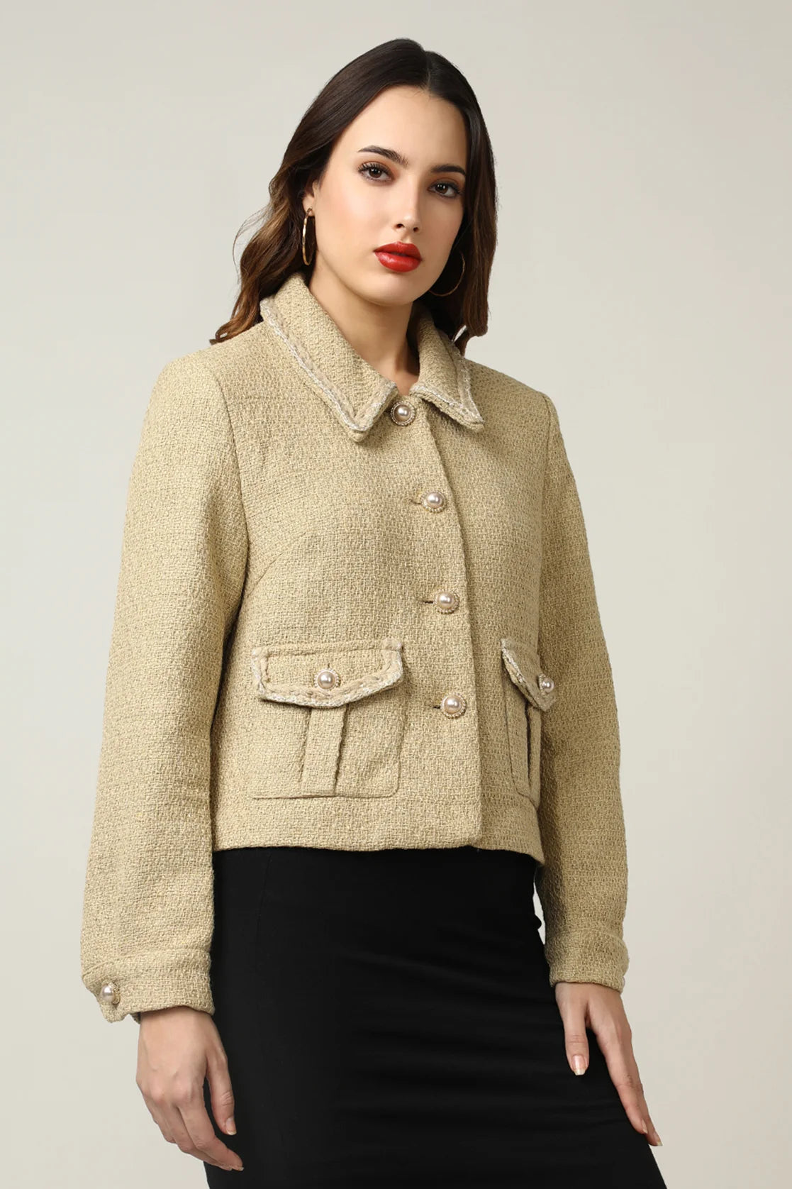 Discover the latest trend in women's coats with this Khaki Metallic Yarn Short Coat, featuring a polyester lining. Available online from Fort Collins, perfect for updating your wardrobe in India.