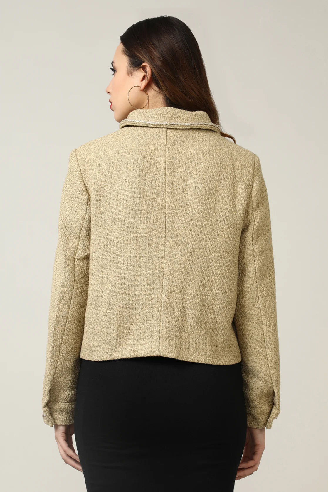 Shop for a trendy wardrobe from anywhere in India with this Women's Khaki Metallic Yarn Short Coat by Fort Collins, complete with a soft polyester lining.