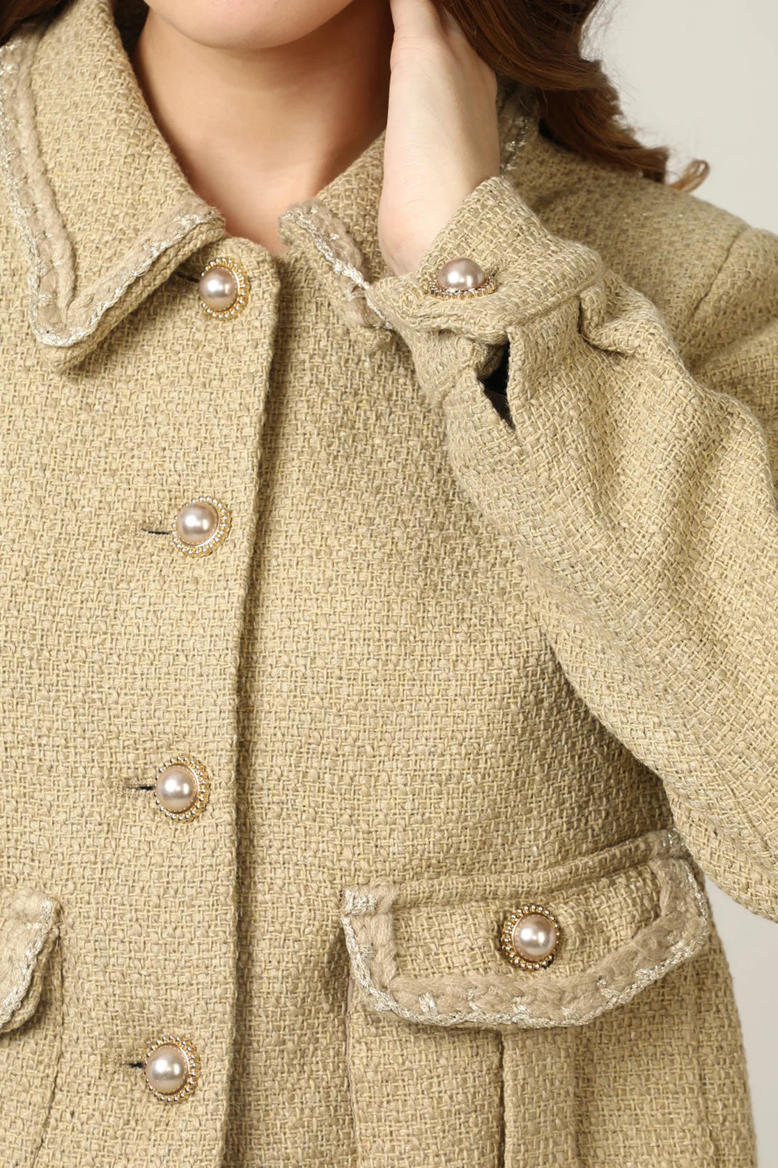 Shop now for a fashionable wardrobe anywhere in India with Fort Collins' Women's Khaki Metallic Yarn Short Coat featuring a polyester lining.